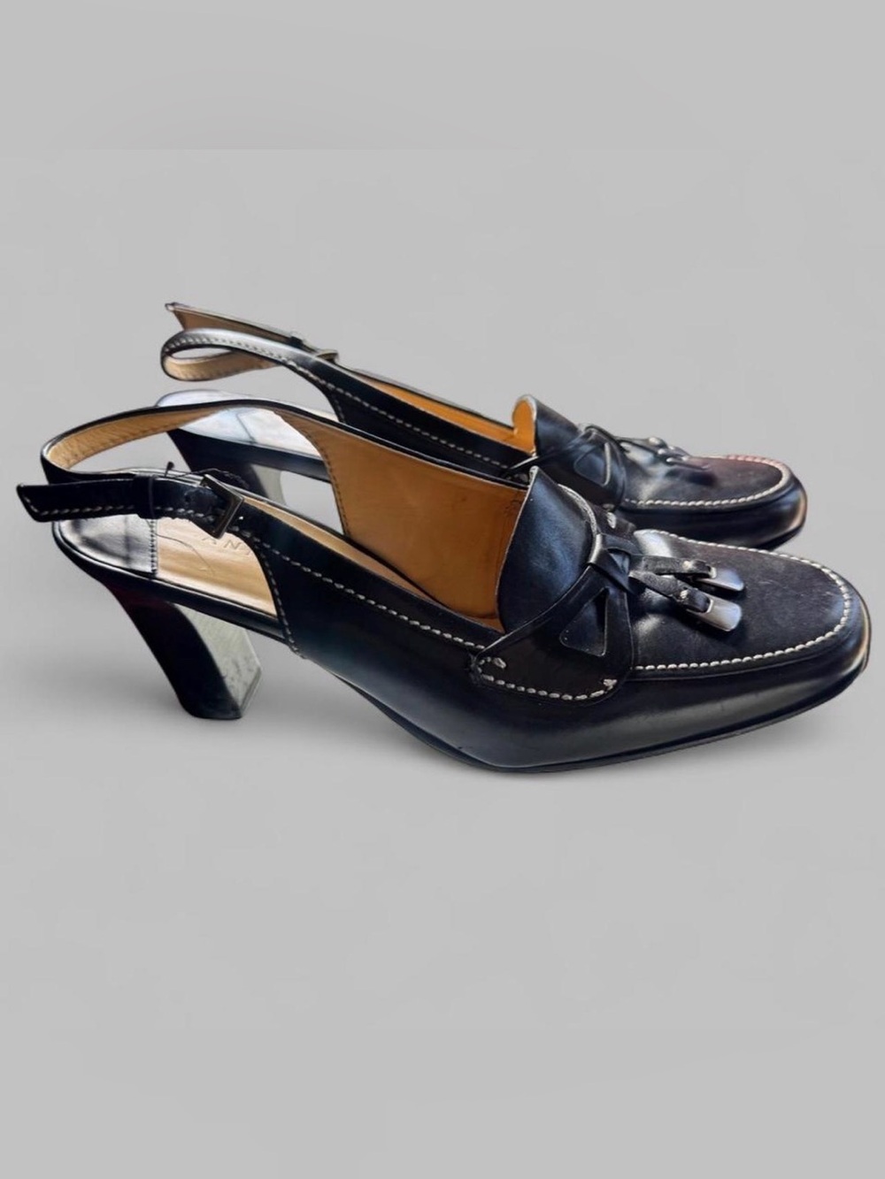 Antonio Melani Countess black leather tassel slingback loafer heels women’s 7M